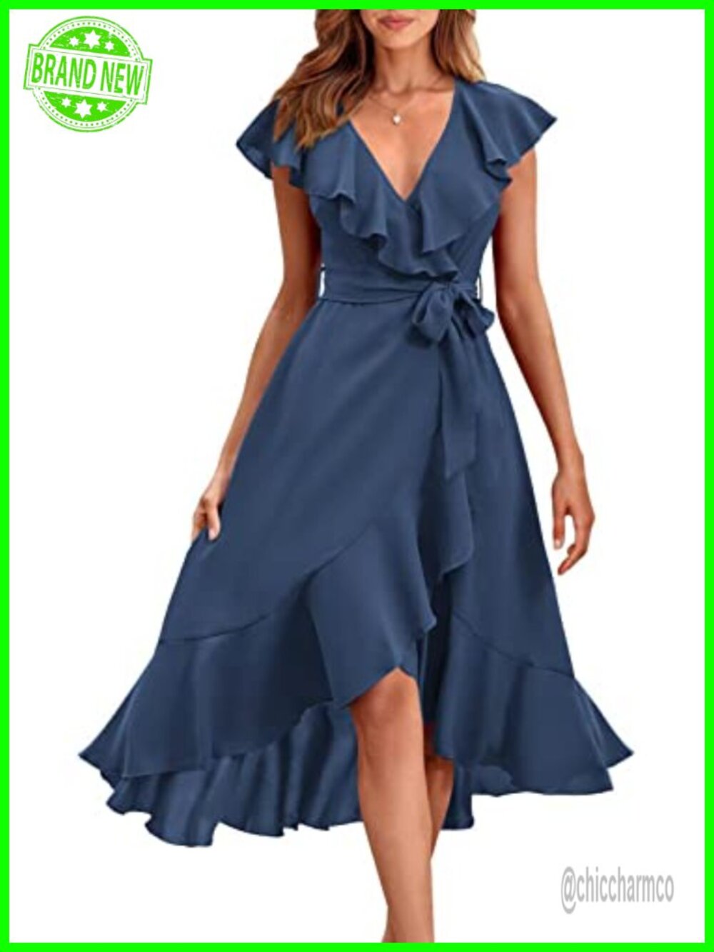 Women's Cross Midi Dress Short Sleeve Ruffle Hem Tie Waist Boho Beach Casual